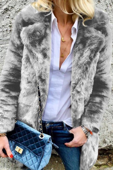 Plain Trendy Long Sleeve Notch Collar Mink Faux Fur Loose Fit Open Front Coat for Female