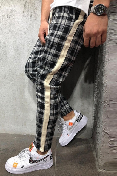 Popular Checked Printed Drawstring Waist Stripe Patchwork Casual Pencil Pants