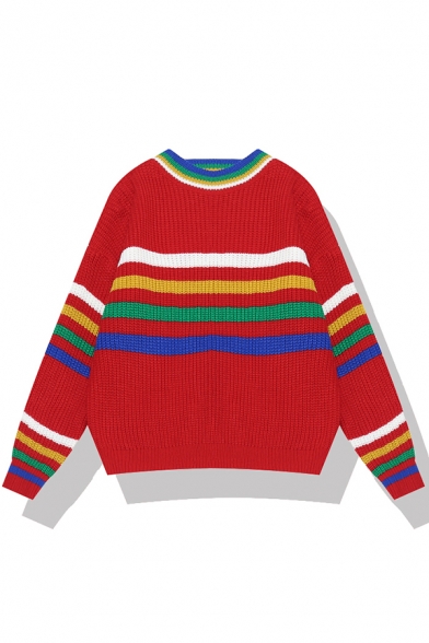 Popular Chic Girls' Long Sleeve Crew Neck Stripe Pattern Chunky Knit Oversize Pullover Sweater