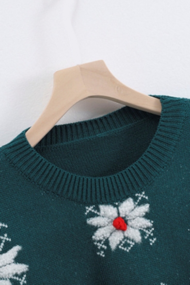 Popular Preppy Looks Long Sleeve Crew Neck Snow Pattern Knit Boxy Pullover Sweater for Girls