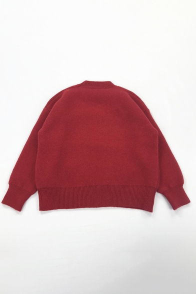 Preppy Chic Cherry Printed Long Sleeve Crew Neck Oversized Pompom Sweater
