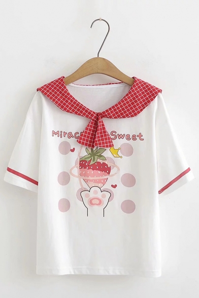 Preppy Fashion Plaid Sailor Collar Strawberry Cat Claw Pattern Short Sleeve White and Red T-Shirt