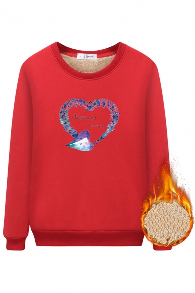 Pretty Basic Long Sleeve Crew Neck ETERNAL LOVE Letter Heart Printed Sherpa Lined Relaxed Sweatshirt for Preppy Girls