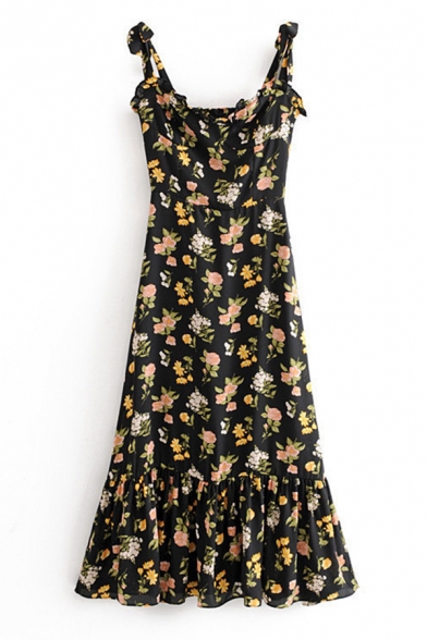 Pretty Girls' Sleeveless Bow Tie Strap Floral Printed Ruffled Trim Pleated Slim A-Line Cami Dress in Black