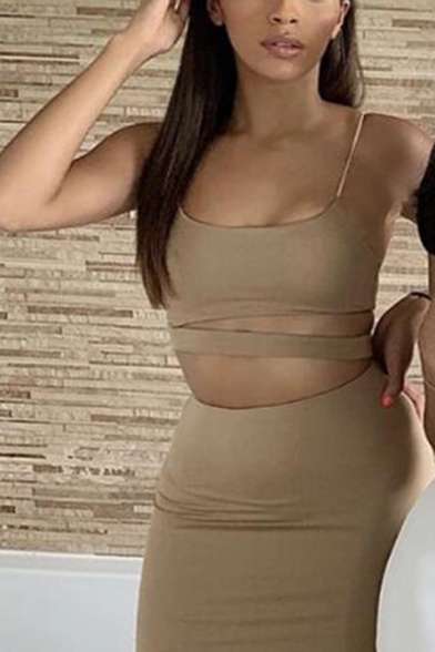 Sexy Womens Plain Cutout Cami Tank with Maxi Bodycon Skirt Two Piece Party Set