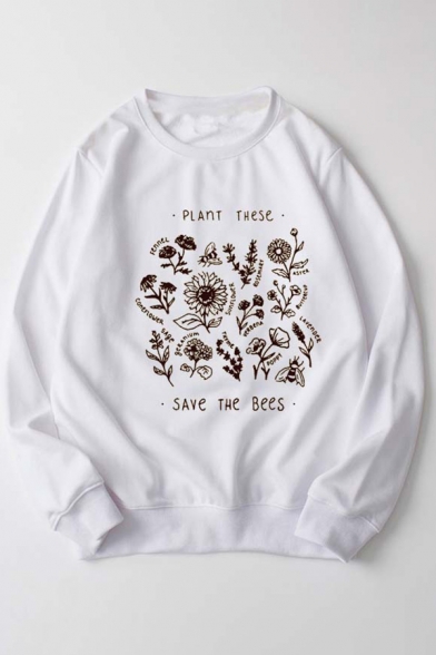 Simple Floral Letter PLANT THESE SAVE THE BEES Print Long Sleeve Pullover Sweatshirt