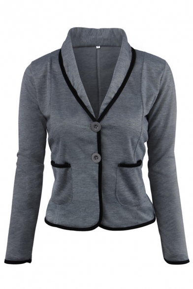 Simple Formal Ladies' Long Sleeve Shawl Collar Button Down Pockets Side Contrast Piped Plain Slim Blazer