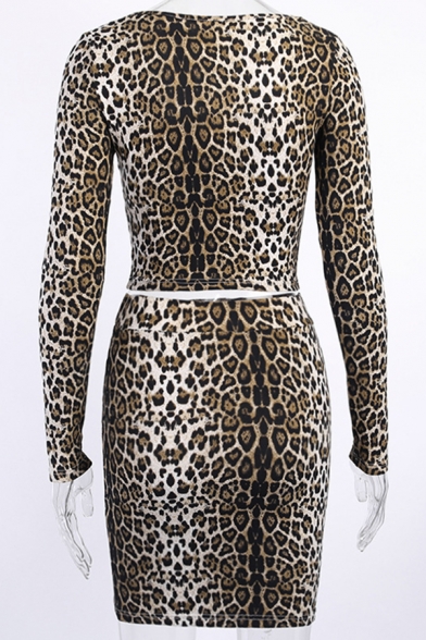 Simple Leopard Print Square Neck Glove Long Sleeve Crop Top with Mini Skirt Skinny Co-ords