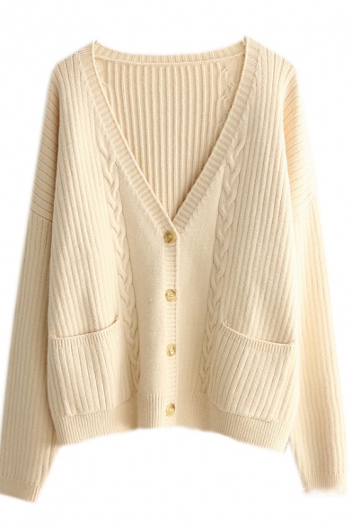 Simple Plain V-Neck Button Front Ribbed Knit Basic Cardigan with Dual Pocket