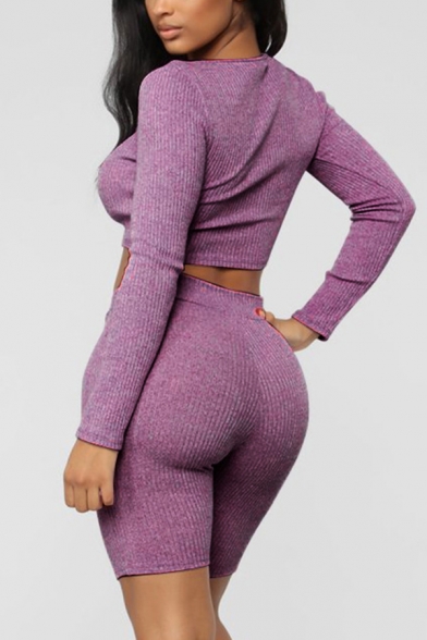Simple Purple Square Neck Button Front Long Sleeve Ribbed Top with Drawstring Waist Shorts Co-ords