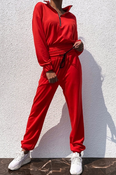 Sport Fashion Plain Long Sleeve Half Zip Sweatshirt with Loose Sweatpants Two-Piece Set