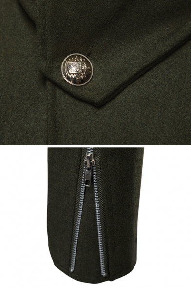 Street Fashion Plain Fold-Over Collar Long Sleeve Metal Button Wool Coat with Epaulets