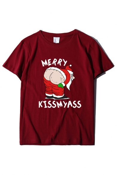 Street Girls' Short Sleeve Crew Neck Letter MERRY KISS MY ASS Santa Claus Print Baggy Tee