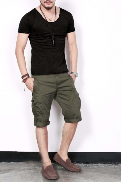 Summer Popular Solid Color Scoop Neck Short Sleeve Slub Cotton T-Shirt for Men