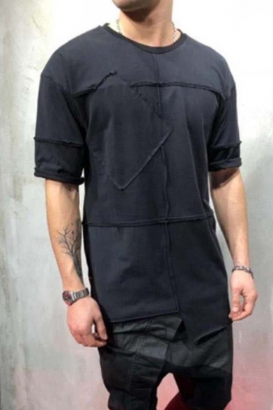 Summer Trendy Inverted Seam Detail Short Sleeves Irregular Hem Solid Color T-Shirt