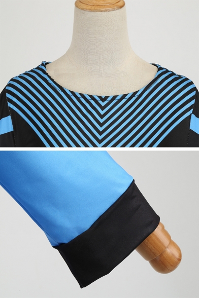 Trendy Women's Long Sleeve Round Neck Stripe Pattern Asymmetric Hem Relaxed Fit T Shirt