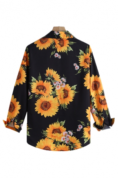 Vintage Floral Sunflower Printed Long Sleeve Slim Fit Button Up Holiday Shirt for Men