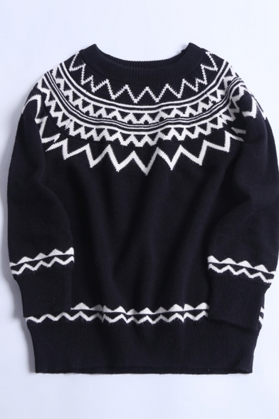 Vintage Geometric Print Long Sleeve Crewneck Black and White Loose Knitted Sweater