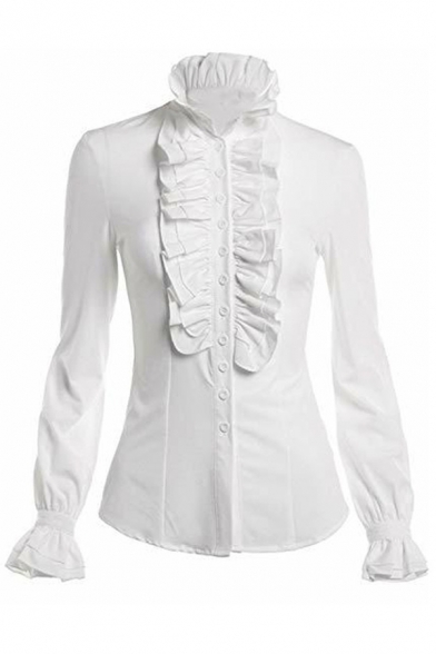 Vintage Trendy Girls' Long Sleeve Stand Collar Ruffled Trim Button Down Slim Fit Plain Blouse