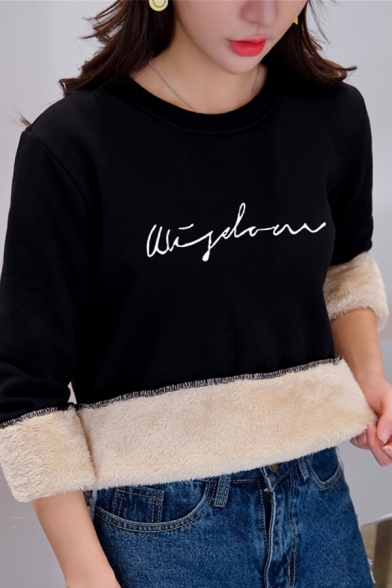 Warm Basic Long Sleeve Crew Neck Letter Printed Sherpa Liner Loose Fit Pullover Sweatshirt for Female