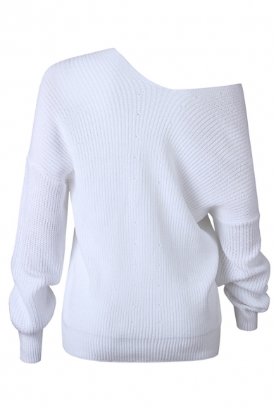 Women's Fashion White Blouson Sleeve Drop Shoulder Geometric Embroidered Oversize Pullover Sweater-Knit Top