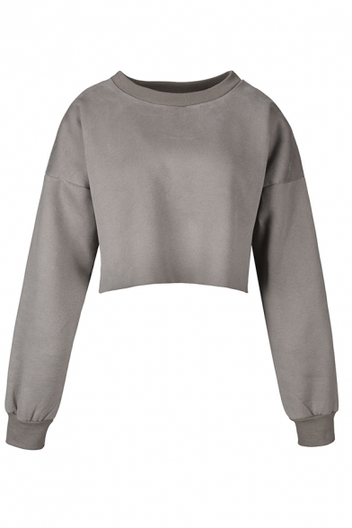 Womens Casual Plain Long Sleeve Round Neck Loose Daily Wear Cropped Sweatshirt