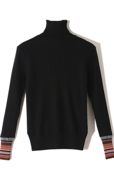 Womens Stylish High Collar Striped Cuffs Long Sleeve Ribbed Knit Slim Fit Winter Sweater