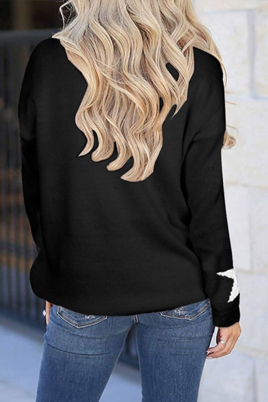 Basic Trendy Ladies' Long Sleeve Crew Neck Pentagram Printed Plain Baggy Sweater-Knit Top
