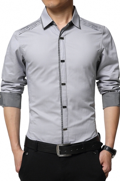 Business Fashion Contrast Trim Long Sleeve French Cuff Button Down Slim Fit Formal Shirt