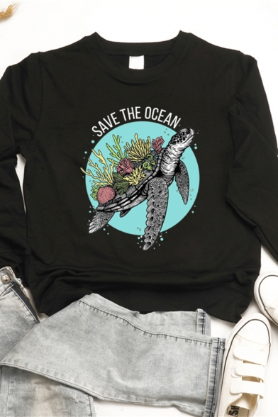 Cartoon Sea Turtle Letter SAVE THE OCEAN Long Sleeve Round Neck Pullover Sweatshirt