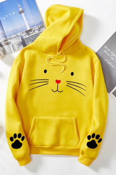Casual Long Sleeve Drawstring Kitty Pattern Kangaroo Pocket Relaxed Fit Hoodie for Girls