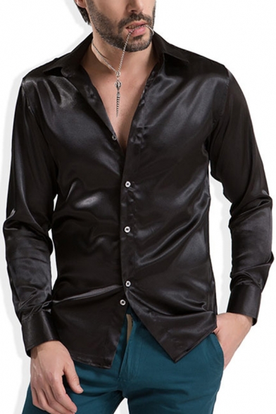 Charming Mens Plain Long Sleeve Button Up Silk Tuxedo Shirt for Banquet ...