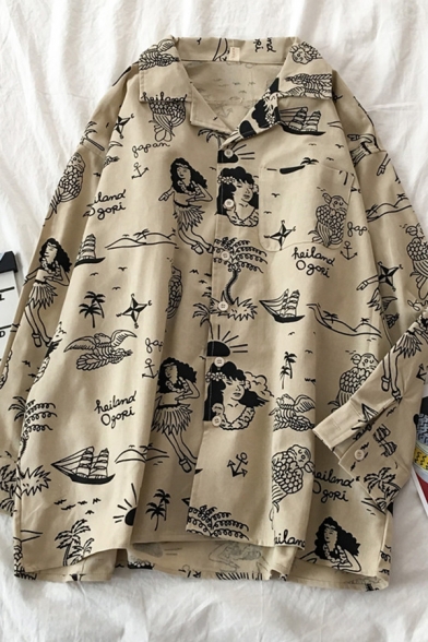 Chic Popular Girls' Long Sleeve Lapel Neck Button Down All Over Cartoon Character Print Loose Fit Shirt in Khaki