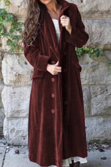 Chic Women Plain Long Sleeve Lapel Collar Double Breasted Flap Pockets Maxi Relaxed Wool Coat