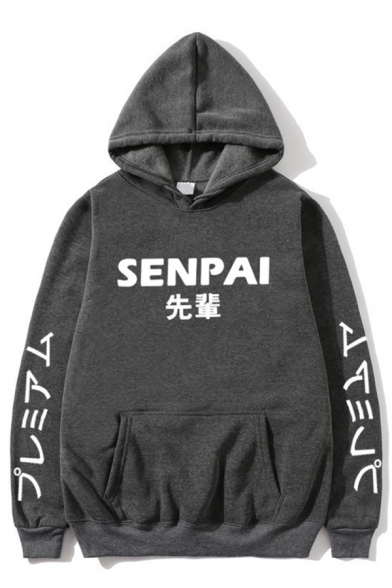 Classic Japanese Letter SENPAI Printed Long Sleeve Pouch Pocket Loose Drawstring Hoodie