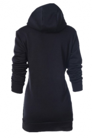 Classic Women's Long Sleeve Drawstring Slim Fit Pockets Side Midi Fitted Hoodie in Black