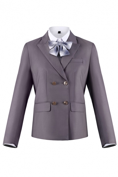 Classic Women's Long Sleeve Notch Lapel Collar Double Breasted Bow Tie Flap Pockets Fitted Plain Work Blazer