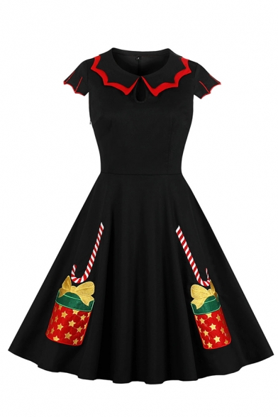 Cool Black Short Sleeve Peter Pan Collar Christmas Printed Contrast Piped Zipper Side Midi Pleated Flared Dress for Party Girls