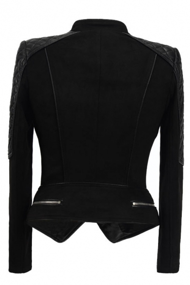 Cool Street Ladies' Long Sleeve Lapel Neck Zip Decoration Leather Patched Asymmetric Slim Fit Jacket in Black