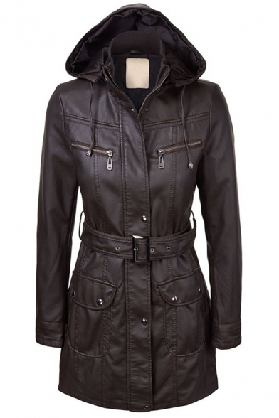 Cool Women's Long Sleeve Hooded Zip Decoration Button Front Flap Pockets Buckle Belted Fitted Leather Coat in Coffee