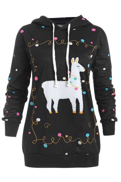 Cozy Fashion Long Sleeve Drawstring Polka Dot Horse Print Loose Fit Midi Hoodie for Women