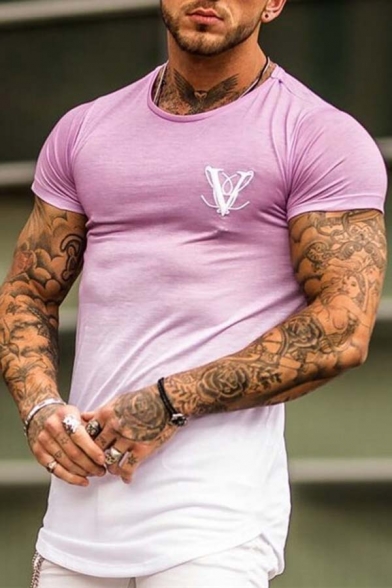 Creative Letter V Print Short Sleeves Round Neck Slim Fit Ombre T-Shirt for Men