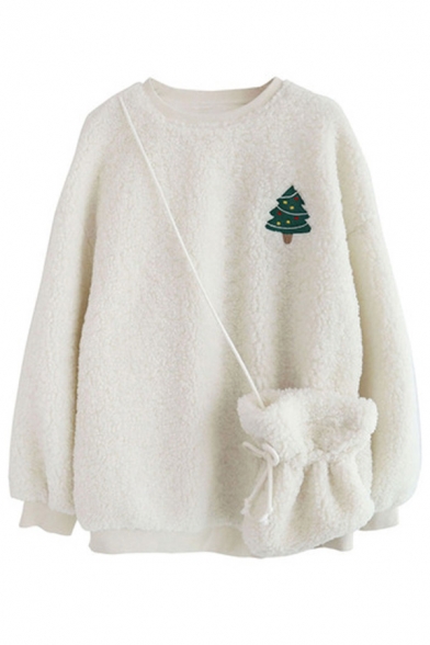 Cute Christmas Tree Snowman Print Long Sleeve Lambs Wool Pullover Sweatshirt with Cross Bag