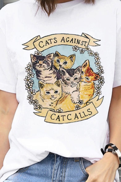 Cute Letter CATS AGAINST CATCALLS Printed Short Sleeve Loose Summer T-Shirt