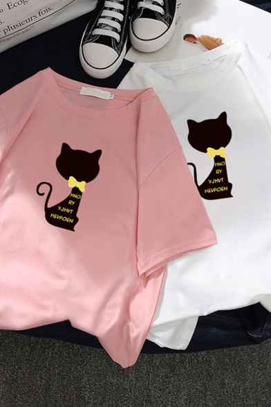 Cute Popular Girls' Short Sleeve Crew Neck Kitty Graphic Loose T Shirt