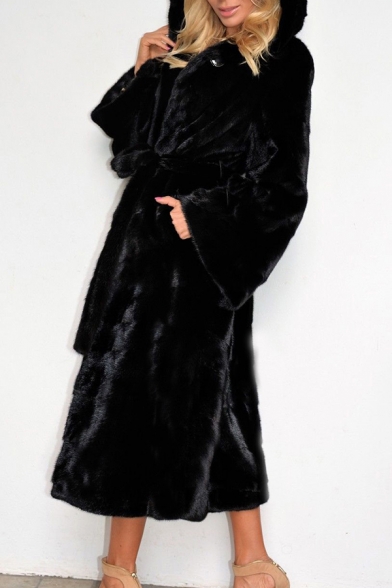 Dressy Fashion Long Sleeve Hooded Bow Tie Waist Oversize Maxi Plain Fur Mink Coat for Women