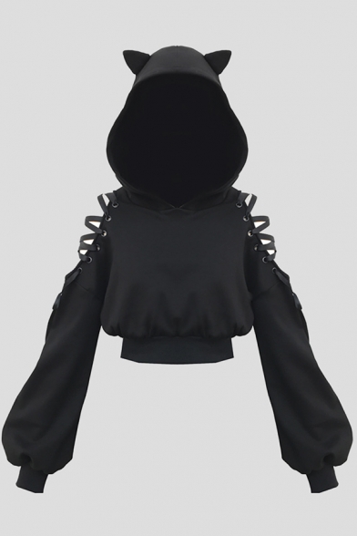 Edgy Girls Black Cute Cat Ear Lace-Up Cold Shoulder Lantern Long Sleeve Cropped Hoodie