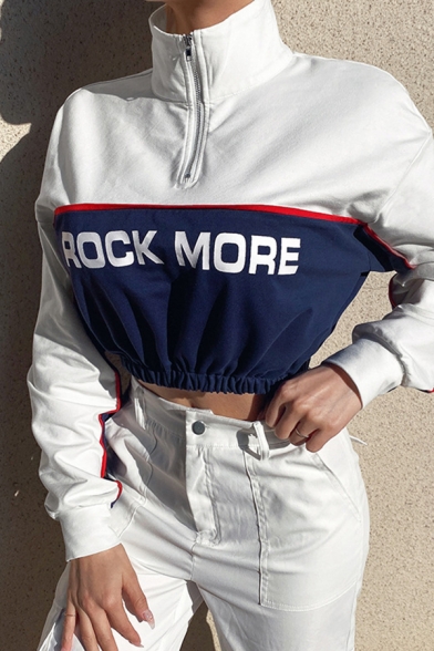 Edgy looks White Long Sleeve Lapel Collar Half Zipper Letter ROCK MORE Contrasted Loose Crop Pullover Sweatshirt for Girls