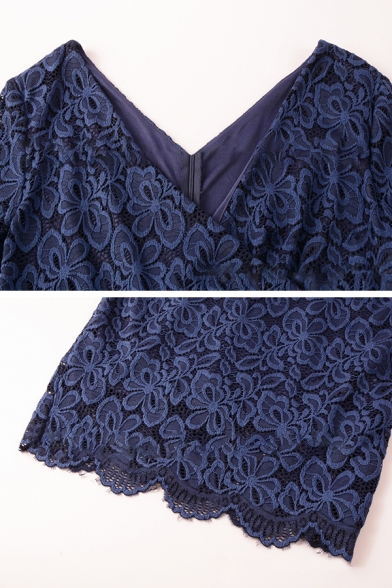 Elegant Ladies' Long Sleeve Surplice Neck Floral Embroidered Lace Scallop Trim Plain Midi Sheath Dress