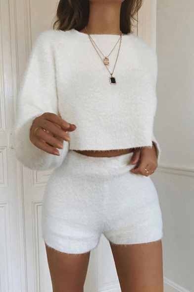 Elegant Long Sleeve Cropped Loose Top with Shorts Plain Cashmere Two Piece Set